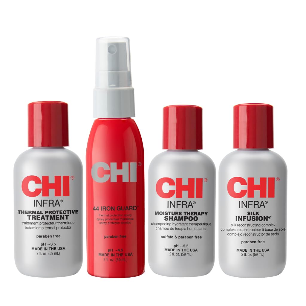 CHI Infra The Essentials Kit, Includes Infra Shampoo, 44 Iron Guard, Infra Treatment & Silk Infusion, Sulfate, Paraben, & Cruelty-Free, 2 Oz (4 Products)