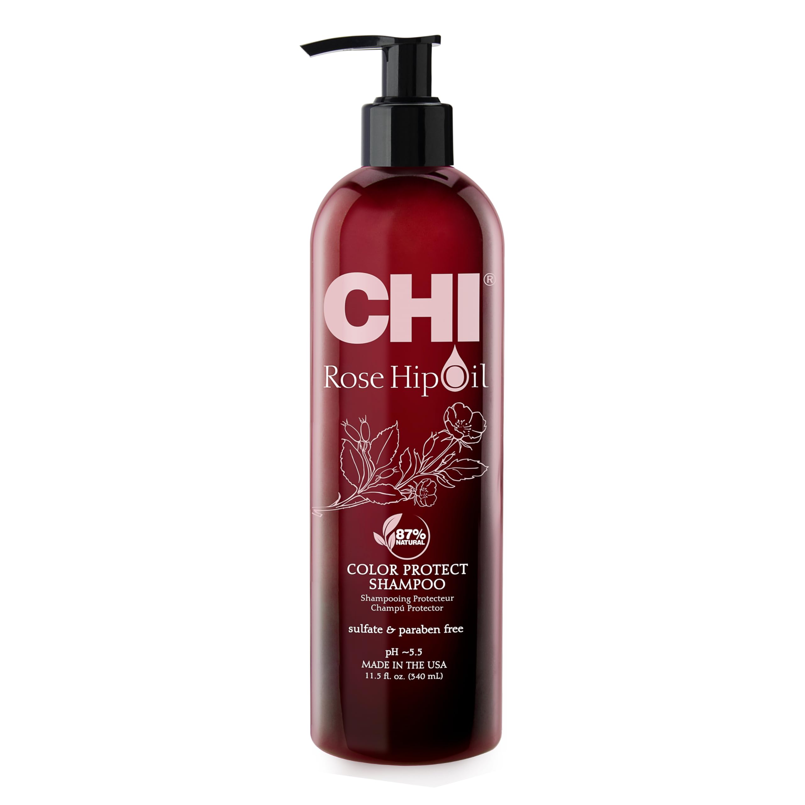 CHI Rosehip Oil Protecting Shampoo, Gently Cleanses Color-Treated Hair & Helps Retain Color, Sulfate, Paraben, & Cruelty-Free, 11.5 Oz