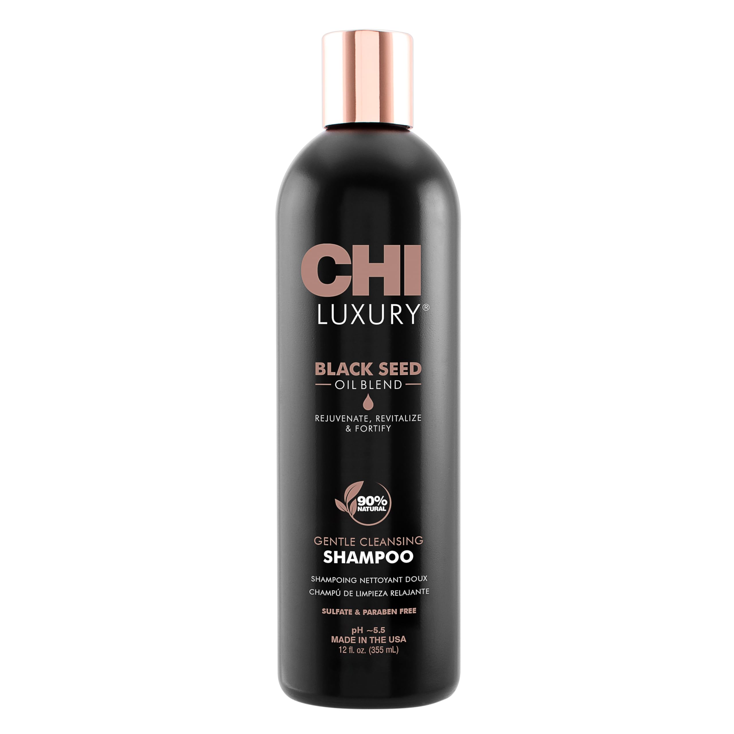 CHI Luxury Black Seed Oil Gentle Cleansing Shampoo, Adds Hair Volume & Body, Strengthens & Removes Impurities, Sulfate, Paraben, & Cruelty-Free, 12 Oz