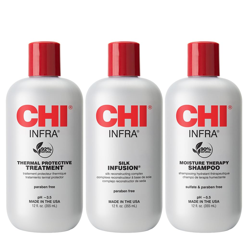 CHI Infra Trio Kit, Includes Infra Shampoo, Infra Thermal Protective Treatment, & Silk Infusion For Hair Strength & Shine, Paraben & Sulfate-free, 3 Products, 12 Oz