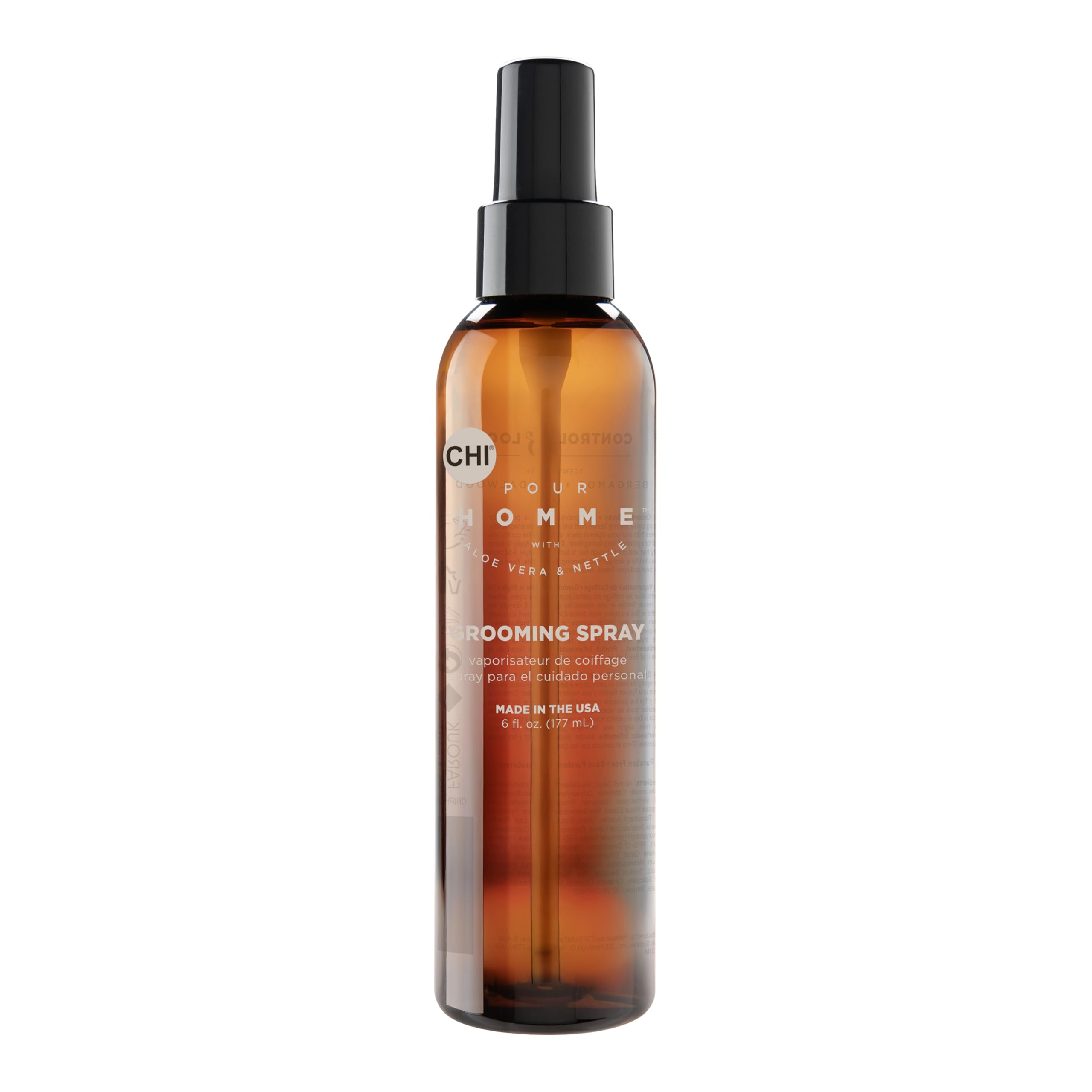 CHI pour Homme Grooming Spray for Men, Hairspray For Creating Long-Lasting Styles, Made With Aloe Vera & Nettle, Fresh, Woody Scent, 6 oz