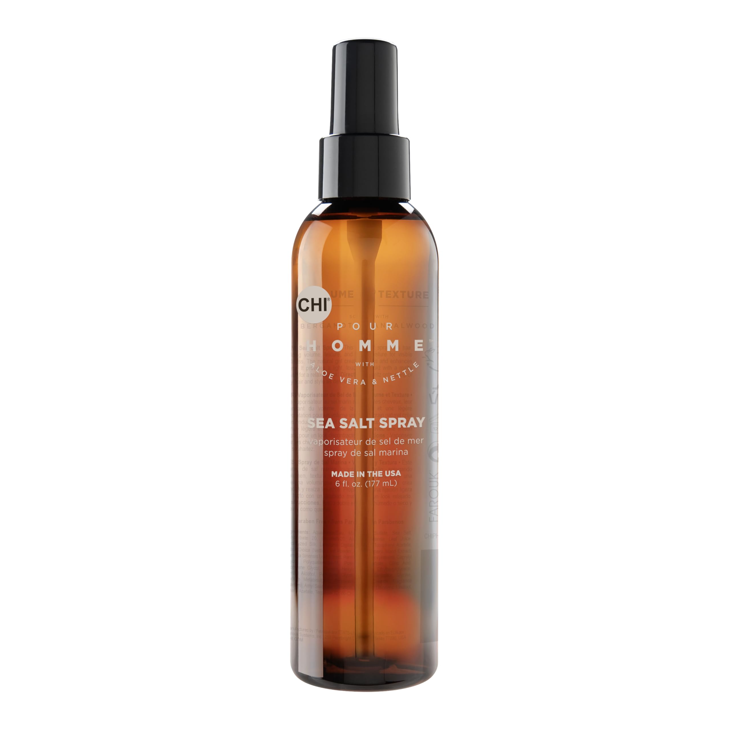 CHI pour Homme Sea Salt Spray for Men, Hairspray For Texture & Volume, Creates A Natural Look, Made With Aloe Vera & Nettle, Fresh, Woody Scent, 6 oz