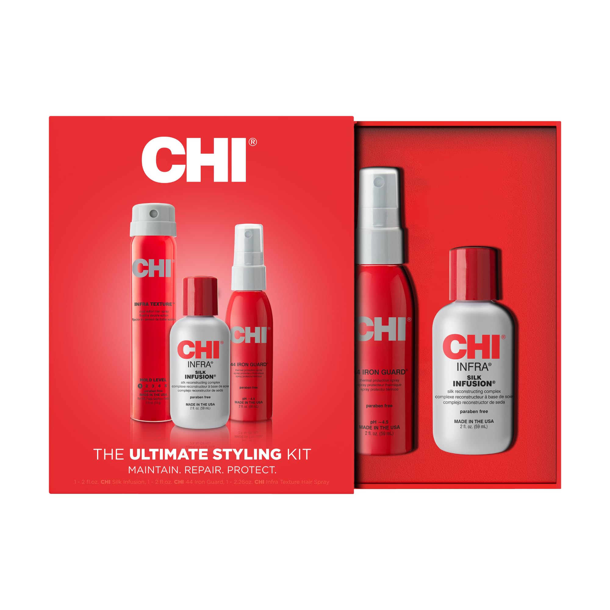 CHI Infra Ultimate Styling Gift Kit, 2 Oz Silk Infusion, 2 Oz 44 Iron Guard & 2.26 Oz Texture Hair Spray, Sulfate, Paraben, & Cruelty-Free (3 Items)