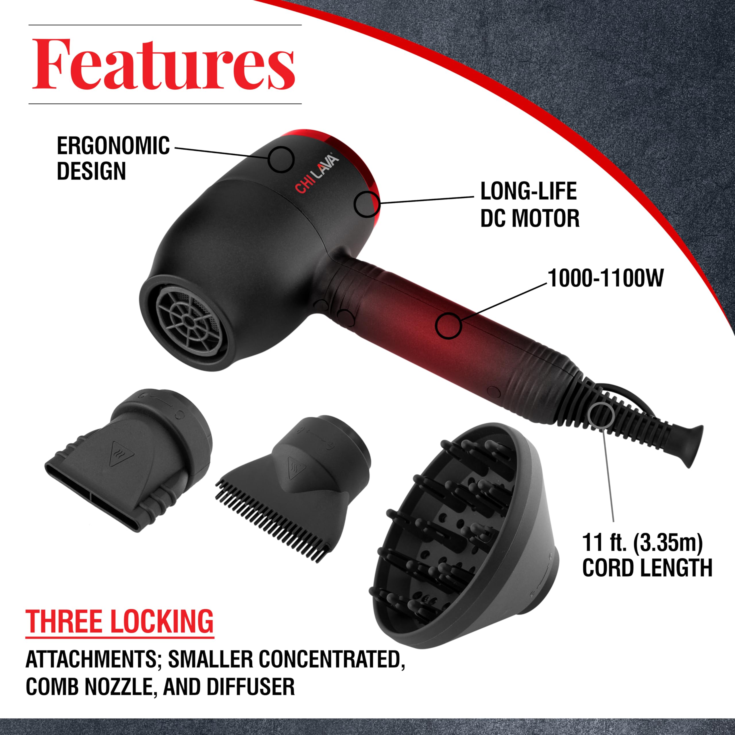 CHI Lava Hair Dryer, Blow Dryer for Smooth, Shiny Results, Lower-Temperature Styling for Less Damage, Reduces Frizz