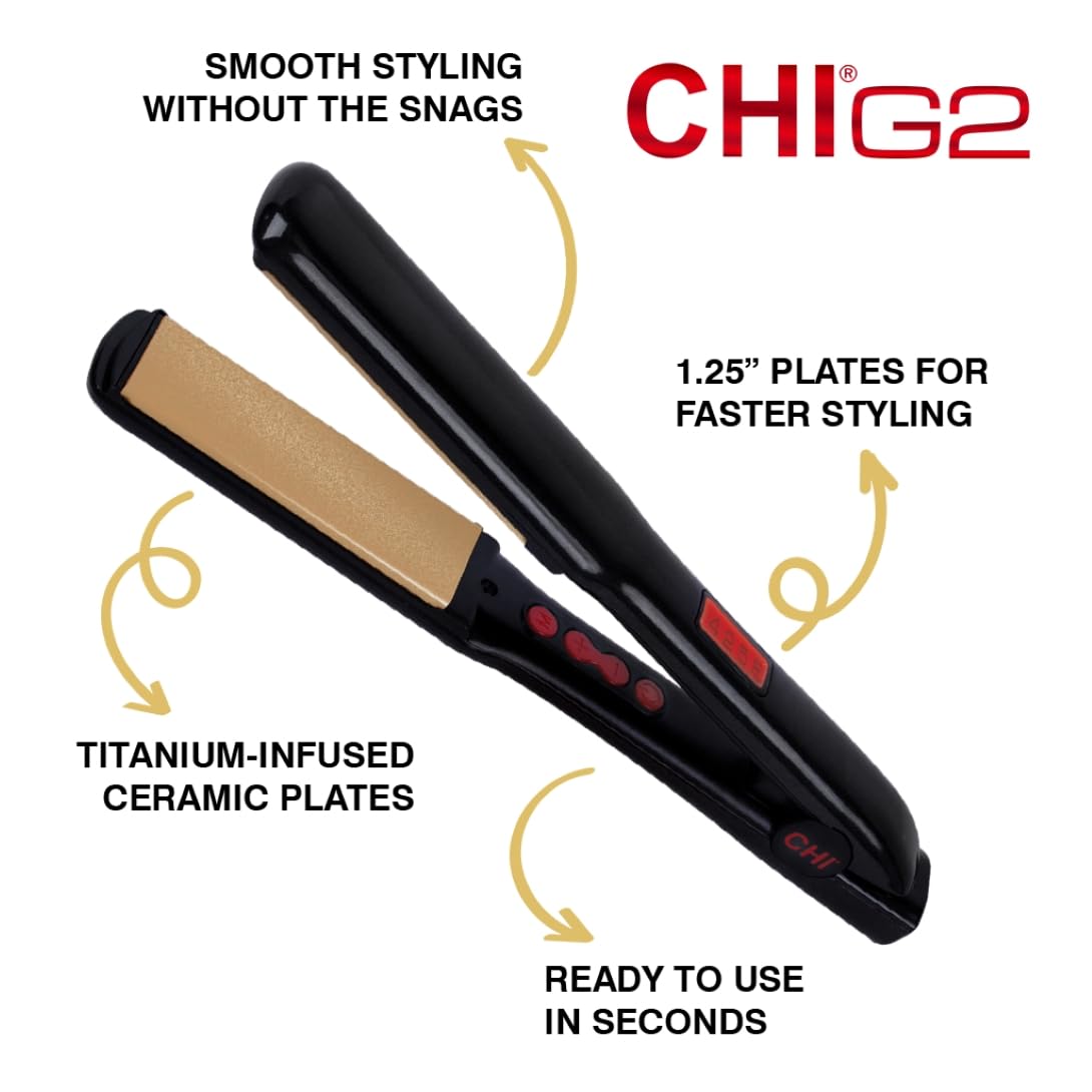 CHI G2 Flat Iron, Hair Straightener For A Smooth Finish, Ceramic Heater For 40 Second Heat Up, Durable Design, 1.25" Iron